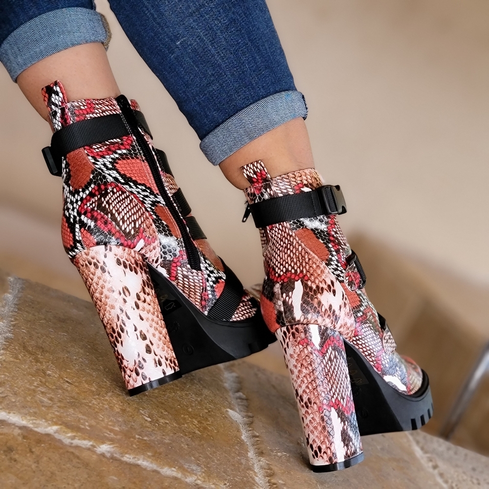 Women's Platform Ankle Boots Chunky Heel Boots Snake Color - Picture 4 of 6